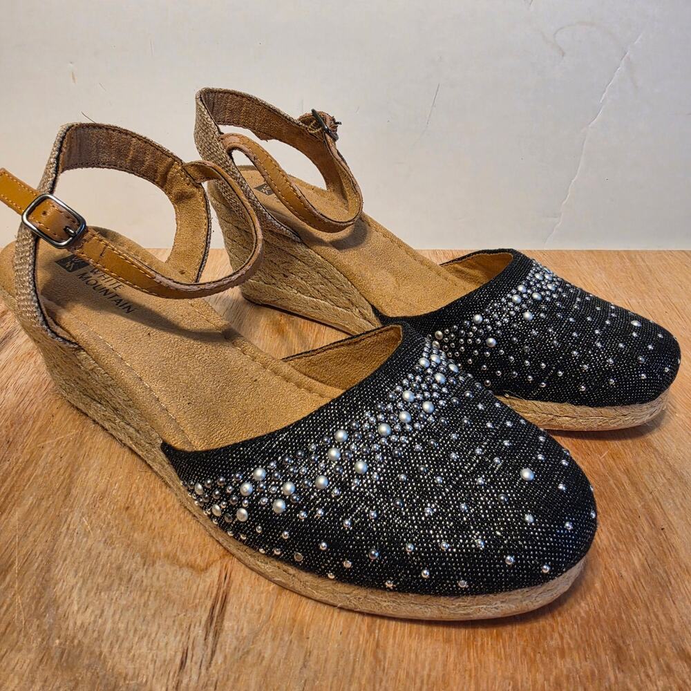 White Mountain Black Jeweled Espadrille Wedge sandals metallic-dotted toe 7.5